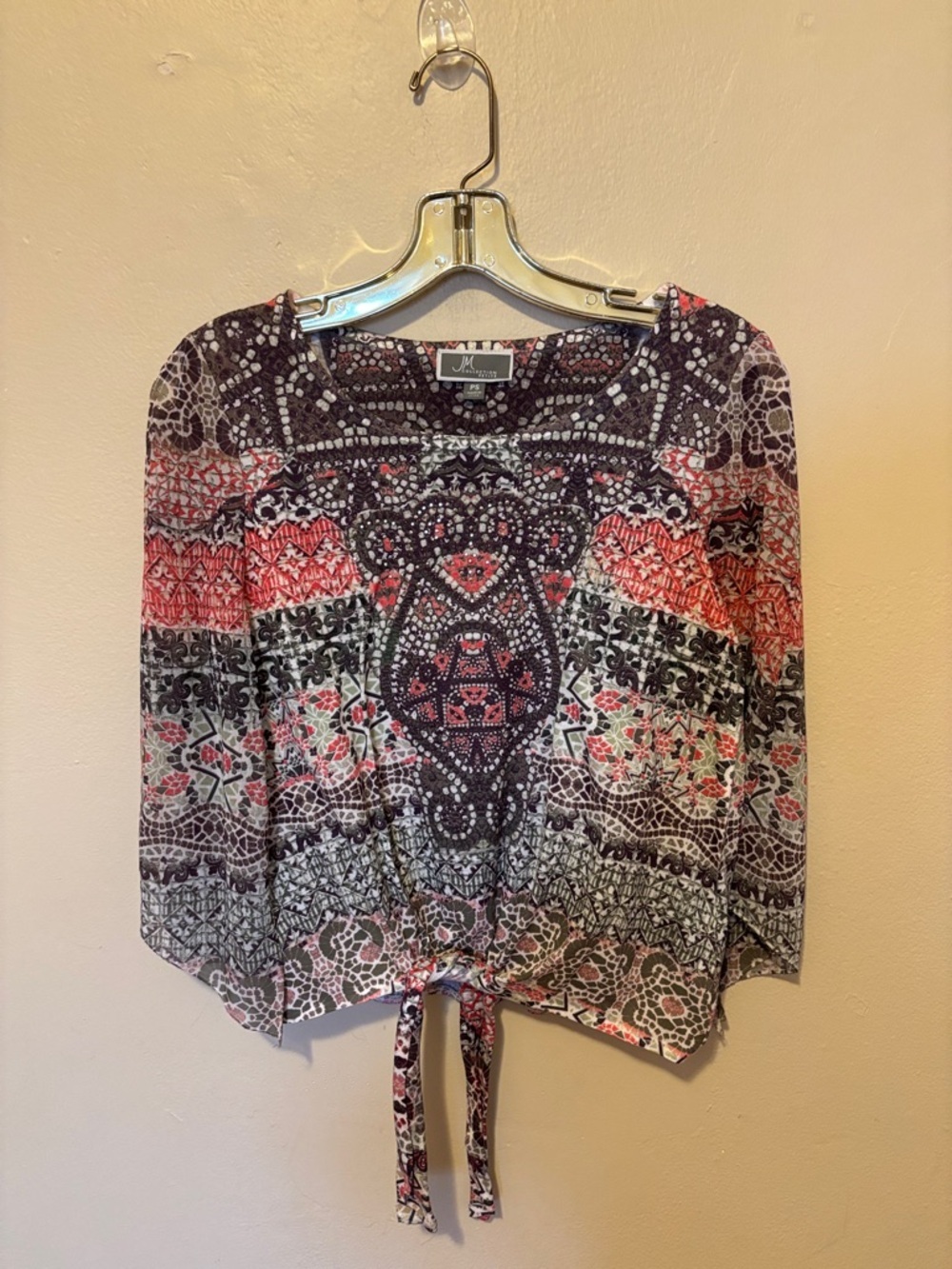 JM Collection Black, Pink and White Printed Tie-Hem Blouse